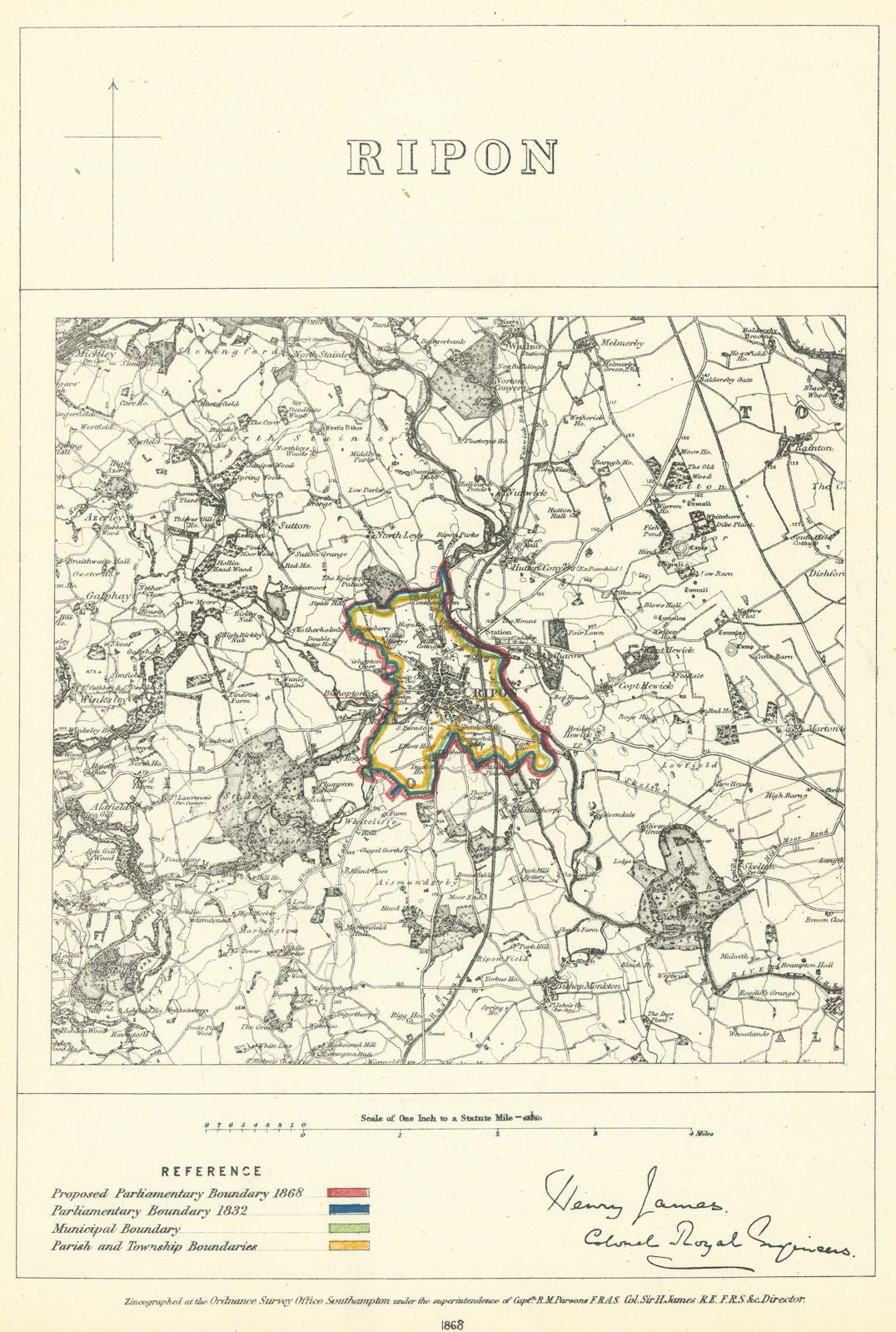 Ripon, Yorkshire. JAMES. Parliamentary Boundary Commission 1868 old map